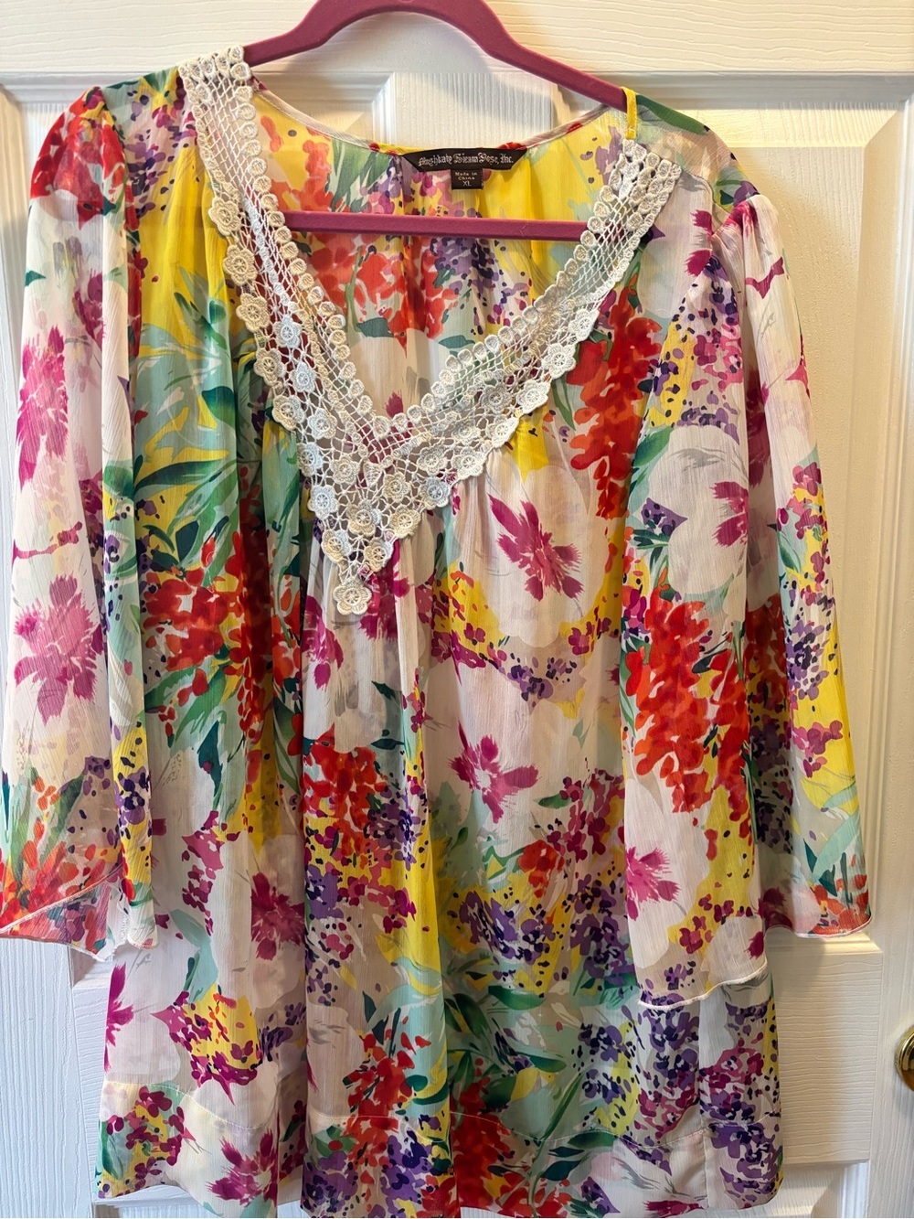 Alisha Levine Floral Boho Sheer Tunic Top XL Lace Bell Sleeve